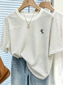 Resyla 條紋數位馬刺繡時尚極簡女款圓領短袖T恤，好友禮物 - 彩色 - 查看 4