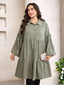 Veilorie Plus Size Women's Spring/Autumn Ruffle Pearl Decor Pleated Single-Breasted Blouse Fall - Olive Green - View 4