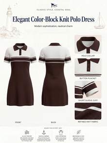 Nima Coro Brown And White Contrast Collar Preppy Classic Everyday Teacher Elementary Spring/Summer Women Short Sleeve Fitted Knit Dress Back-To-School - Coffee Brown - View 2