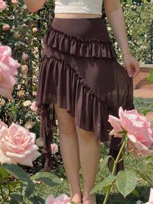 SHEIN MOD Plus Size Women's Asymmetrical Ruffle Hem Skirt Fall - Coffee Brown - View 6