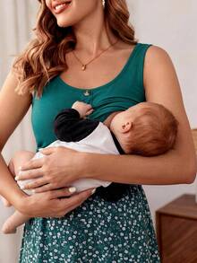 SHEIN Maternidad Vestido con estampado floral con botón delantero amamantamiento - Verde - Ver 6