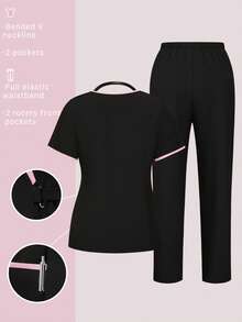 TaskEZ Scrubs Set: V-Neck Short Sleeve Top & Pants Scrub Uniform For Healthcare Workers - Black - View 2