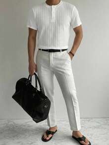 DAZY Men's Short Sleeve Round Neck Half-Button Solid Color T-Shirt, Summer - White - View 3