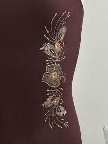 Elamini Vintage Simple American Y2K Millennium Hot Girl Mature Young Lady Daily Commute Beach Vacation Thin Neck Strap Back Tie Adjustable Single Side Vertical Floral Embroidery Print Burgundy Brown Spring Summer Autumn Women's Spaghetti Strap Cami Dress - Brown - View 4