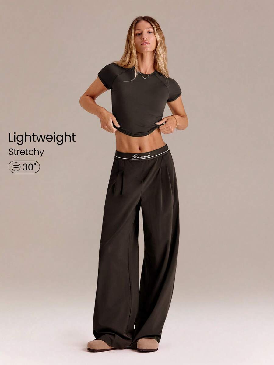 GLOWMODE Quick-Dry Jacquard Elastic Waist Wide Leg Pants With Side Pockets Daily Casual Wear  Spring Summer - Brown - View 1