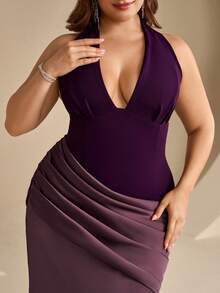 Coutiva Vestido de Noche Formal de Talla Grande con Bloques de Color, Patchwork, Espalda Descubierta, Cuello Halter y Corte de Sirena - Rojo violeta - Ver 6