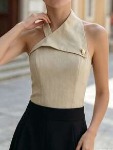 Balvessa Off-Shoulder Sleeveless Elegant Turnover Collar Blouse - Apricot - View 6