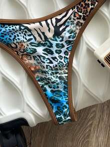 Swim Vcay Women's Summer Beach Vacation Sexy Leopard Print Metallic Star Decoration Halter Strap Triangle Cup Bikini Swimsuit Two-Piece Set - Brown - View 6