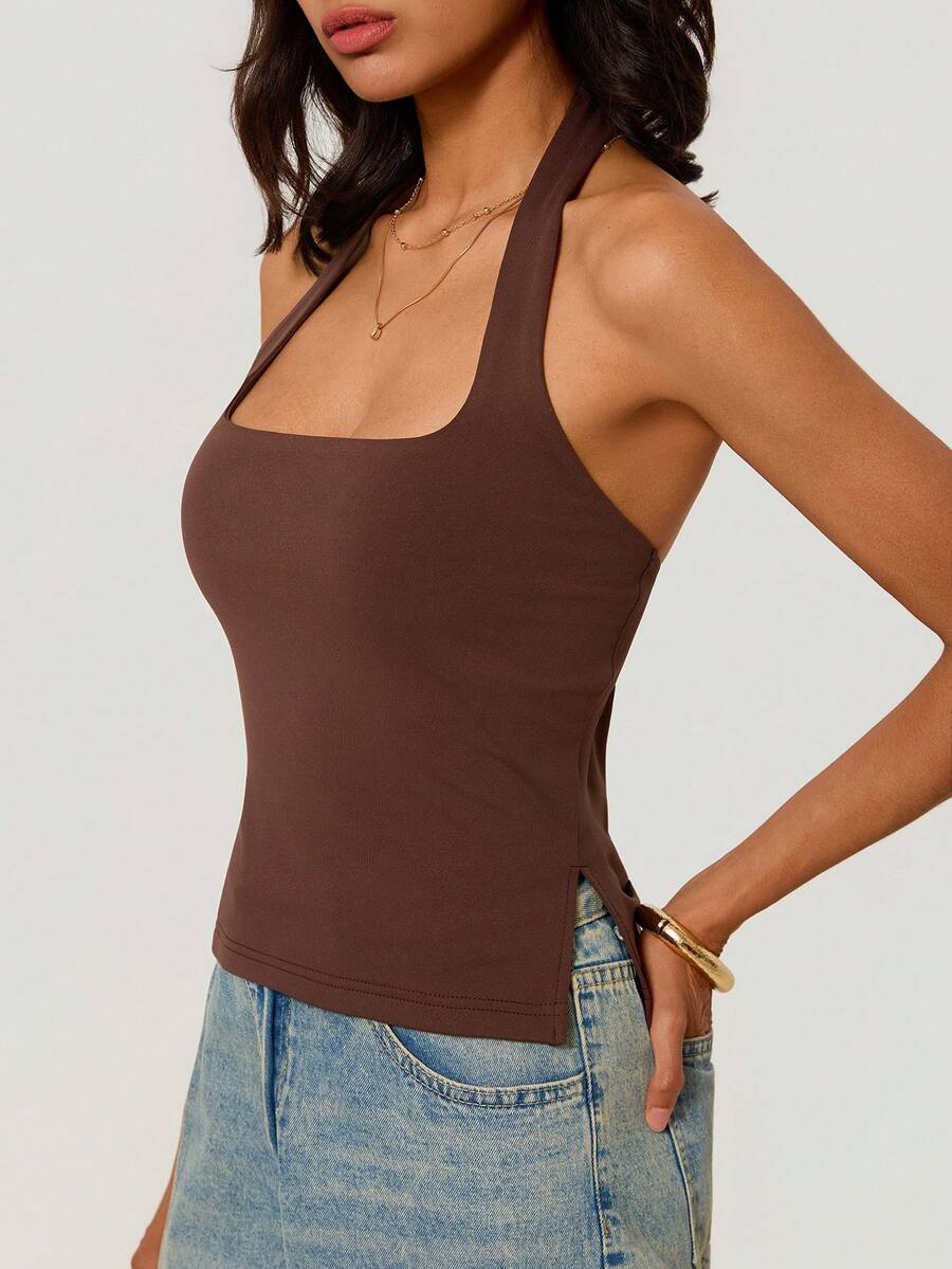 SHEIN BASICS 女款純色側開衩下擺修身掛脖背心