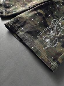 ROMWE MEN Shorts Denim Masculino Casual Versátil com Strass e Estampa Camuflada - Verde Militar - Visão 4