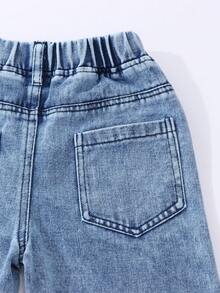 SHEIN 女童牛仔寬腿褲，甜美休閒風，春夏度假款，彈性腰頭配愛心刺繡，純棉，嬰兒藍 - 淺色水洗藍 - 查看 7