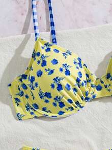Swim Vcay Conjunto de Bikini Sexy con Estampado Floral, Aros, Fruncido y Tirantes Finos para Vacaciones de Verano - Multicolor - Ver 5