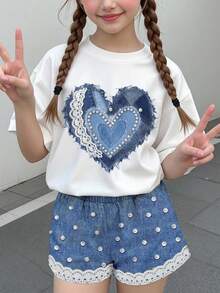 少女休閒可愛甜美紋理珍珠愛心印花拼接短袖短褲兩件套，適合夏季圖案舒適女童套裝，Y2k復古度假開學風 - 彩色 - 查看 2