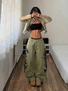 StreetHx Plus Size Fashion 2000s 90s Vintage Retro Print Curved Leg Wide Leg Jeans Date Night Green Summer - Olive Green - View 7