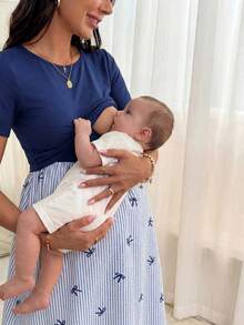 SHEIN 孕妇夏季休闲条纹蝴蝶结印花拼接哺乳连衣裙 - 彩色 - 查看 3