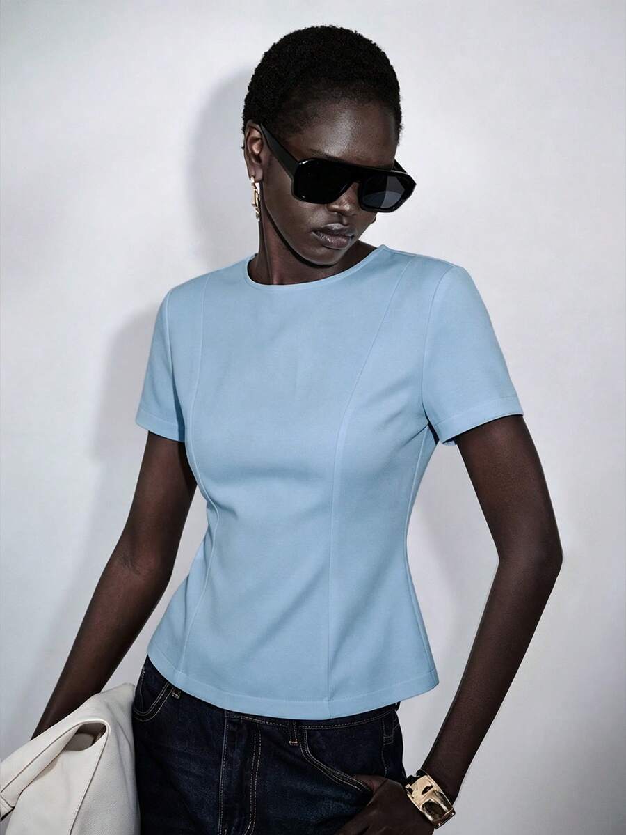 Lumivelle High Elasticity Knit Light Blue Fitted Crew Neck Short Sleeve Cinched Waist Ruffle Hem A-Line Casual Basic Elegant Summer Women's T-Shirt Office