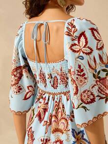 CAJUNI Women's Boho Tropical Floral Print, Vintage Holiday Casual Short Dress - Baby Blue - View 6