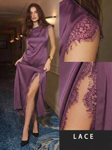 Maija 2026 Damen Spitzen-Patchwork Kleid mit Flügelärmel, rundem Ausschnitt und hohem Schlitz, geeignet für Herbst/Winter Partys - Violett - Übersicht 1