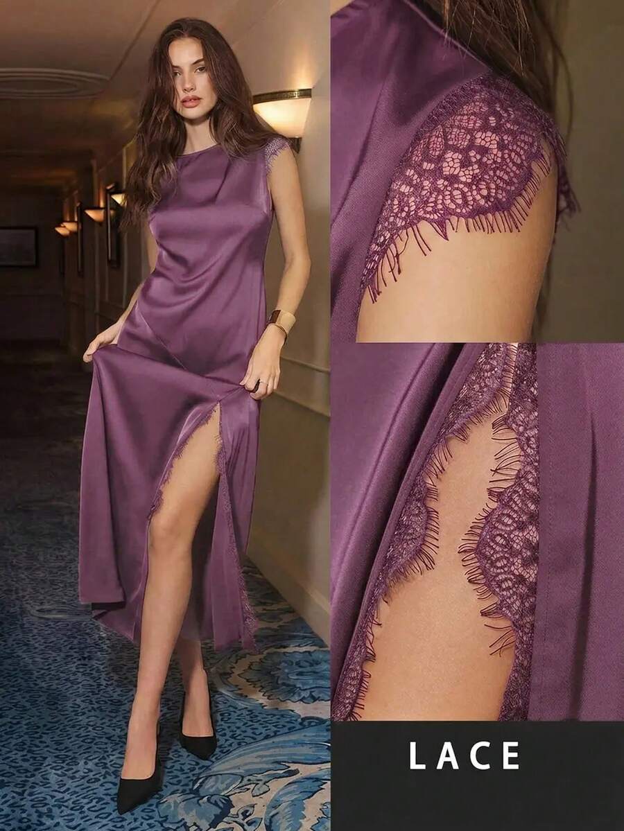 Maija 2026 Damen Spitzen-Patchwork Kleid mit Flügelärmel, rundem Ausschnitt und hohem Schlitz, geeignet für Herbst/Winter Partys - Violett - Übersicht 1