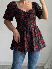 Modelyn Women's Square Neck Pleated Short Sleeve Waist-Cinching Elegant Sexy Fairycore Romantic Daily Morning Tea Party Plus Size Blouse Black Summer - Multicolor - View 5