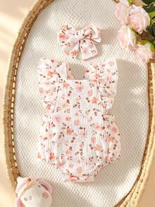 SHEIN 新生兒夏季無袖休閒簡約花卉印花連身褲，適合休閒時光或戶外購物穿著 - 粉色 - 查看 3
