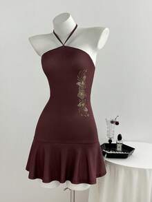 Elamini Vintage Simple American Y2K Millennium Hot Girl Mature Young Lady Daily Commute Beach Vacation Thin Neck Strap Back Tie Adjustable Single Side Vertical Floral Embroidery Print Burgundy Brown Spring Summer Autumn Women's Spaghetti Strap Cami Dress - Brown - View 3