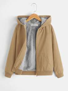 SHEIN 青少年男孩休閒舒適百搭保暖內裡連帽冬季加厚外套 - 卡其色 - 查看 2