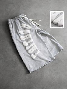 ROMWE MEN Prep Men's Streetwear Letter Puff Print 3/4 Length Sweatpants - Grey - View 6