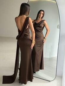 Aloruh Damen Sexy Eng Anliegendes Braunes Asymmetrisches Cowl-Neck Rückenfreies Satin-Partykleid - Kaffeebraun - Übersicht 9