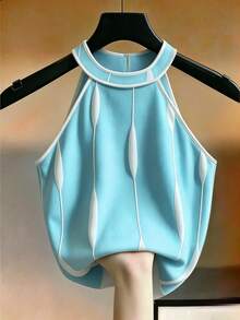 SHEIN Franclia 女款春夏新款白色掛脖圓領對比滾邊無袖優雅浪漫休閒百搭時尚街頭風通勤日常居家約會背心上衣 - 薄荷藍 - 查看 2