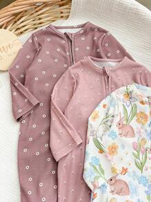 SHEIN 新生兒針織卡通印花爬行家居服 3件套 - 米色 - 查看 6