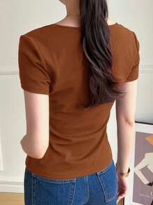 Feyla Women's Summer Casual Elegant Versatile Solid Color Short Sleeve T-Shirt Office Shades Of Brown - Brown - View 2