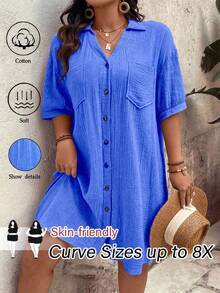 SHEIN CURVE+ Elegantes lässiges Damen-Hemdkleid in Große Größen aus reiner Baumwolle, einfarbig gewebt, mit Knopfleiste, Drop-Shoulder, Puffärmeln, Taschen, V-Ausschnitt und Revers, mittellang für den Sommer - Königsblau - Übersicht 1