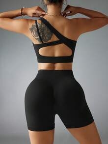 Rhythm Era Sujetador deportivo de talla grande de un solo hombro y espalda descubierta de unicolor - Negro - View 7