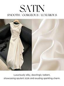 SHEIN Franclia Vestido largo elegante y exquisito para mujer, primavera/verano, para salidas, citas y ir al trabajo, cuello redondo, manga corta, cintura ceñida, abertura curva, bajo asimétrico fruncido - Albaricoque - Ver 7