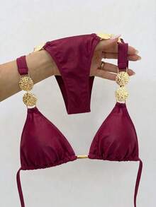 Swim Vcay Solid Color Halter Neck Tie, Waist Metal Trim Decor, Elegant Vacation Women's Swimwear Set - Burgundy - View 3