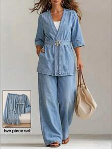 EMERY ROSE Women's Metal Buckle Versatile Short Sleeve Tie-Front Top And Casual Loose Pocket Denim Pants Set - Blue - View 11