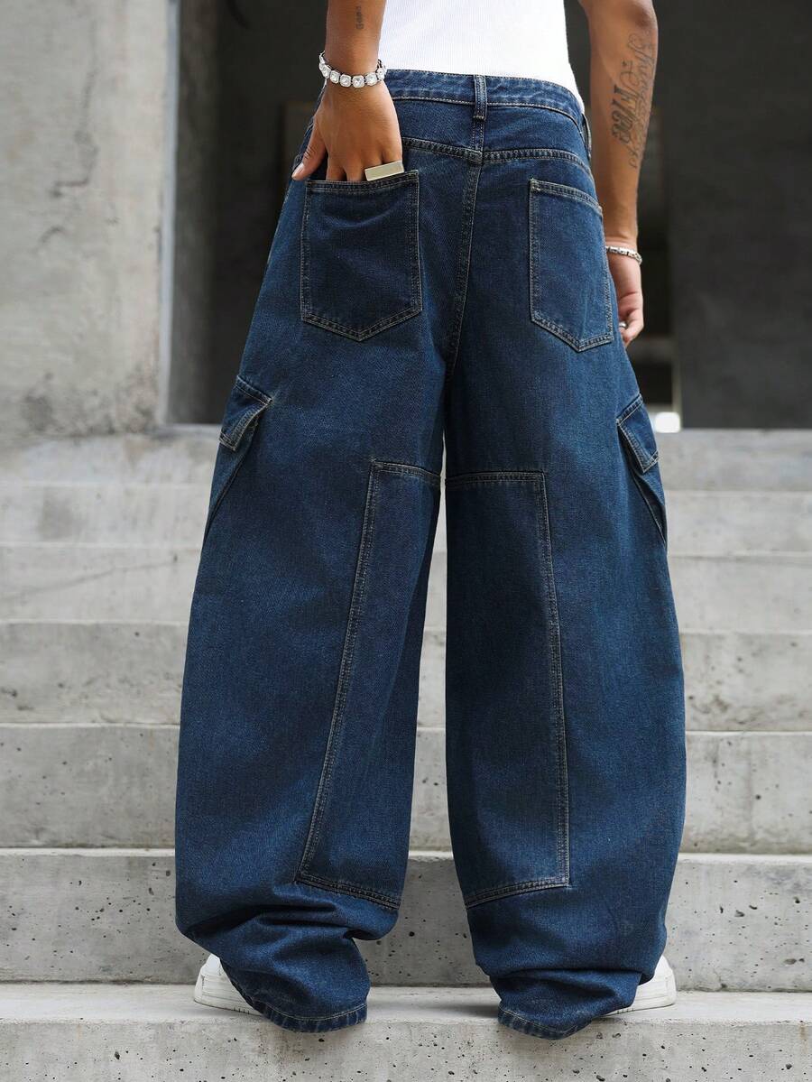 Manfinity EMRG American Vintage Structural Design Blue Washed Workwear Large Pocket Loose Curved Leg Denim Pants - Blue - View 1