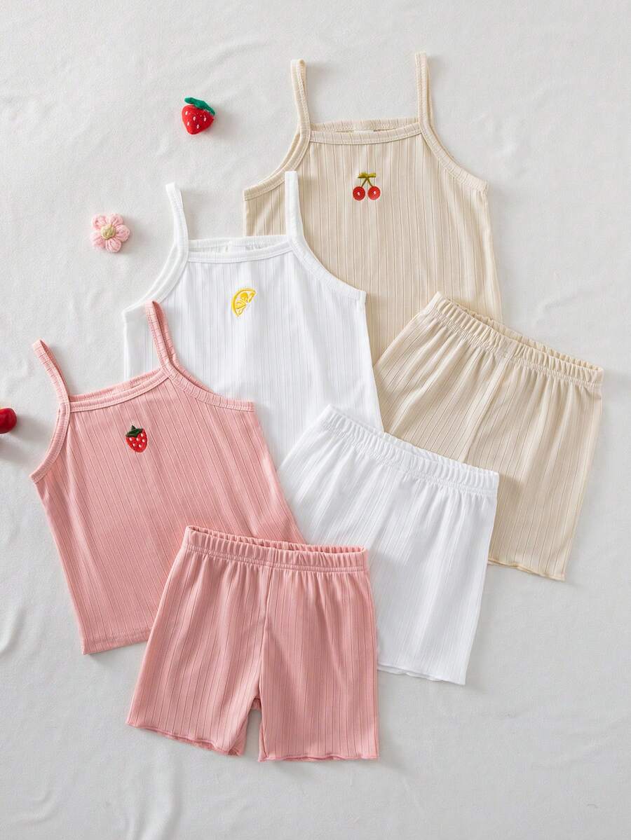 2套女童春/夏細肩帶背心上衣與短褲套裝,刺繡檸檬櫻桃草莓夏季水果多色內衣套裝 - 彩色 - 查看 1