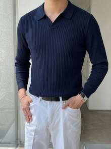 DAZY Men's Long Sleeve Navy Blue Polo Collar Ribbed Knit Top - Navy Blue - View 4