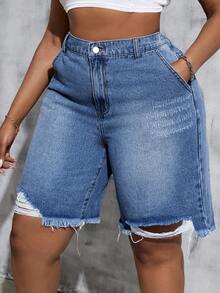 SHEIN Tall CURVE شورتات جينز زرقاء فاتحة مقاس كبير طويل بتصميم فضفاض وعملي وكاجوال مع حافة مهترئة وجيوب وأزرار، مناسبة للمناسبات الرسمية والعطلات وحفلات الصيف والريف - أزرق داكن - مشاهدة 6