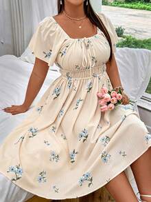 SHEIN MOOSTA Gaun Liburan Kasual Motif Bunga Ukuran Besar - Khaki - View 5