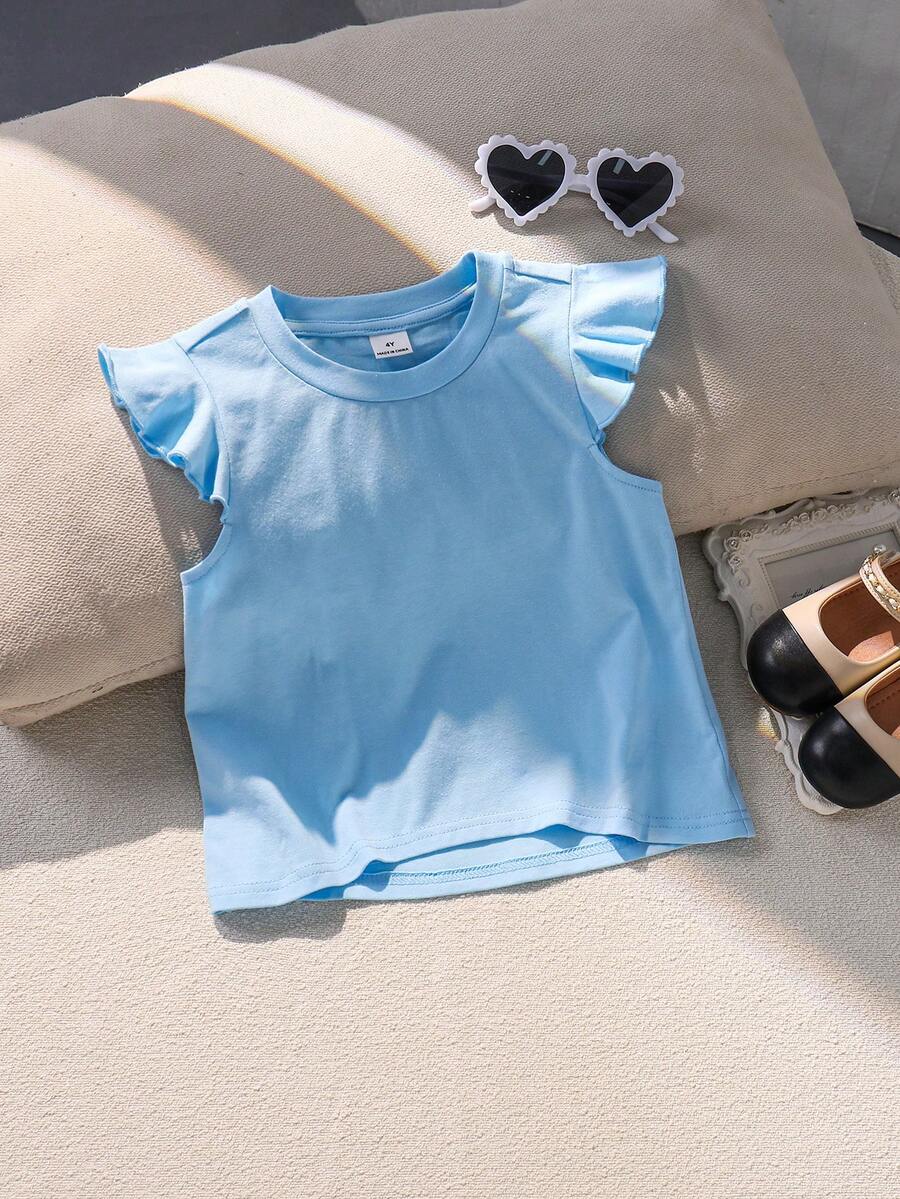 SHEIN 女童針織圓領休閒荷葉袖T恤 - 淺藍色 - 查看 1