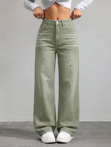 SHEIN ICON 休閒水洗直筒牛仔褲 - 0.霧綠 - 查看 1