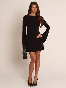 SHEIN BAE Spring/Autumn Black Boat Neck Flared Sleeve Backless Cowl Neck Metal Buckle Cinched Waist Short Dress, Vintage Sexy Style, Suitable For Party, Date, Evening Wear, Birthday Party, Daily Commute - Black - View 6