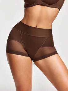 SHAPORA Shorts moldeadores de Body con malla de contraste de unicolor para mujer - Café integral - Ver 6