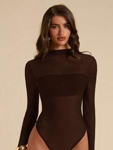 SHEIN BAE Spring/Summer Solid Elegant Sheer Fitted Ruched Women's Mesh Bodysuit, Simple & Elegant - Coffee Brown - View 3