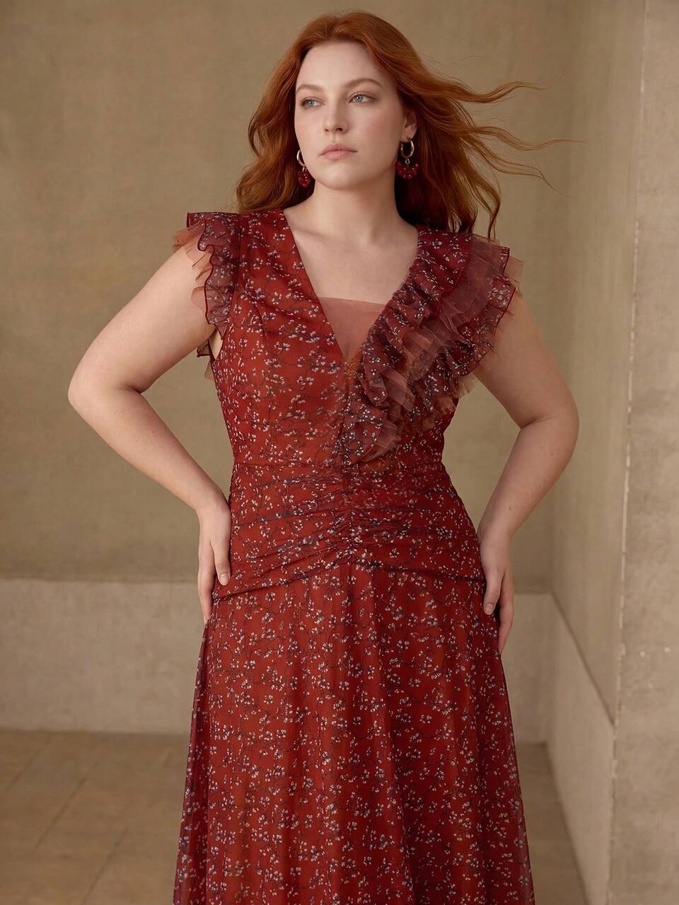 PLUS SIZE WOMEN ASYMMETRIC RUFFLE V-NECK CINCHED WAIST FLARE HEM MESH PRINTED DRESS, AUTUMN/WINTER