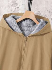 SHEIN 青少年男孩休閒舒適百搭保暖內裡連帽冬季加厚外套 - 卡其色 - 查看 4