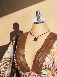 SHEIN ICON Plus Size Y2K Vintage Sexy Leopard Print V-Neck Lace Patchwork Flare Sleeve Top - Brown - View 4
